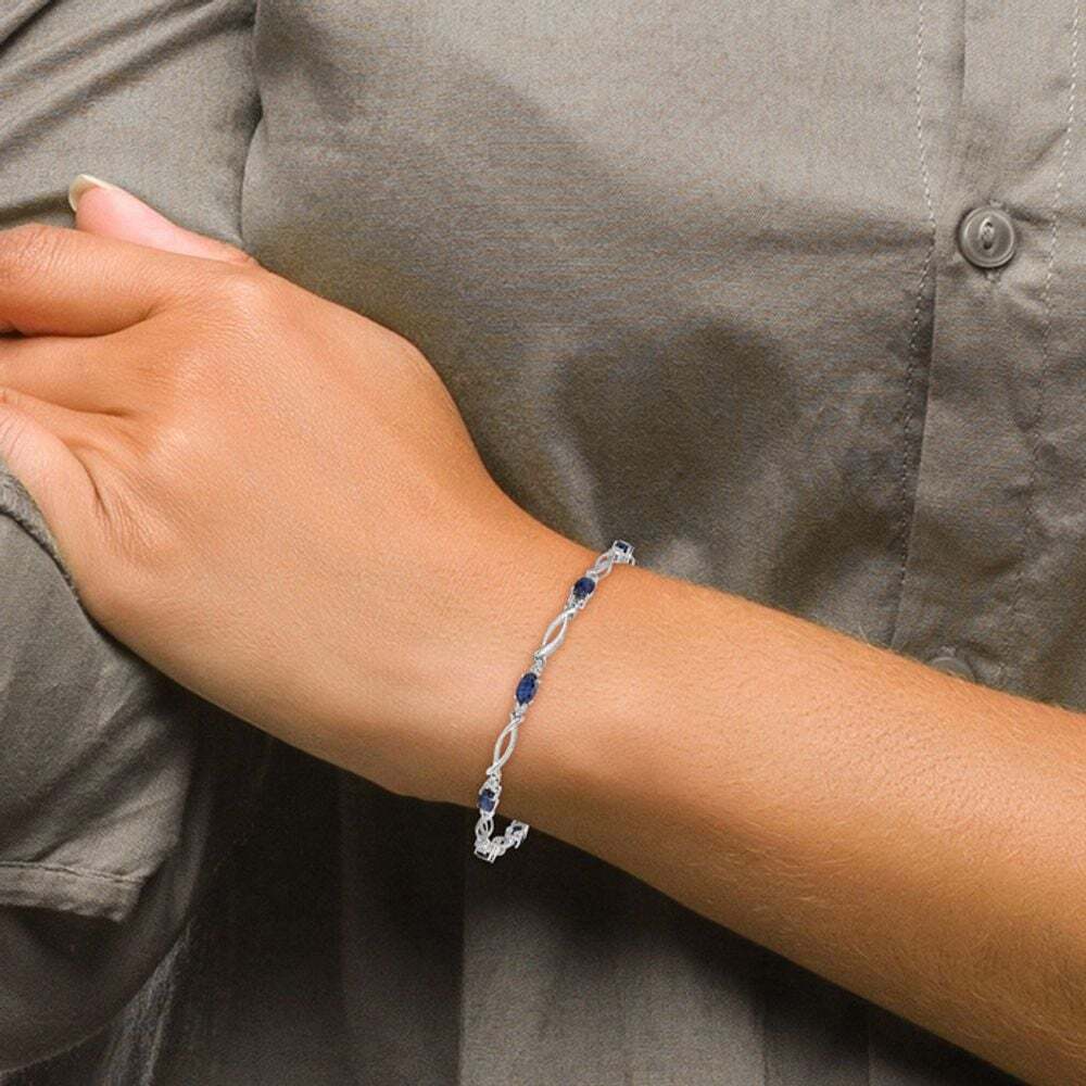 10K White Gold Blue Sapphire and Diamond Link Bracelet